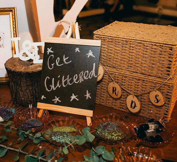 Glitter Station | Polaroid Guest Book | Cards Basket | Puglian Countryside Wedding with Fairy Light Altar and Olive Grove Aperitivo | Figtree Wedding Photography