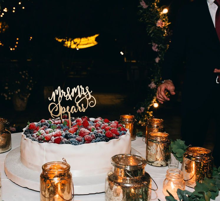 Traditional Puglian Wedding Cake with Cream, Pastry and Berries | Mr and Mrs Gold Cake Topper | Gold Lanterns | Puglian Countryside Wedding with Fairy Light Altar and Olive Grove Aperitivo | Figtree Wedding Photography