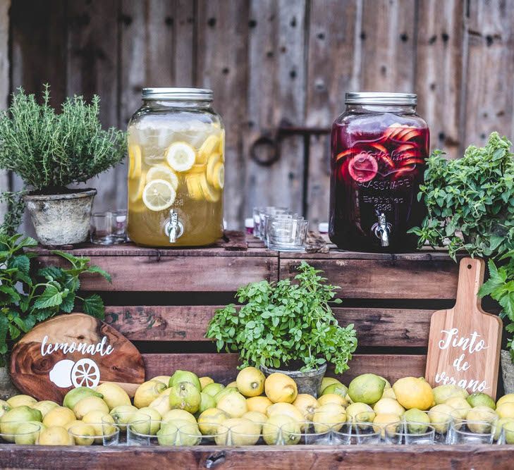 Lemonade Bar For Destination Wedding // Bride In Straw Hat With Leanne Marshall Wedding Dress Destination Wedding In Mallorca With Images From F2 Studios And Film By Alberto &amp; Yago