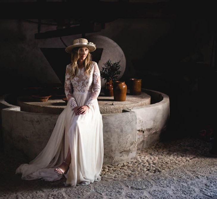 Bride In Straw Hat With Leanne Marshall Wedding Dress Destination Wedding In Mallorca With Images From F2 Studios And Film By Alberto &amp; Yago