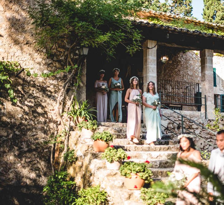 Bridesmaids In Pastels // Bride In Straw Hat With Leanne Marshall Wedding Dress Destination Wedding In Mallorca With Images From F2 Studios And Film By Alberto &amp; Yago