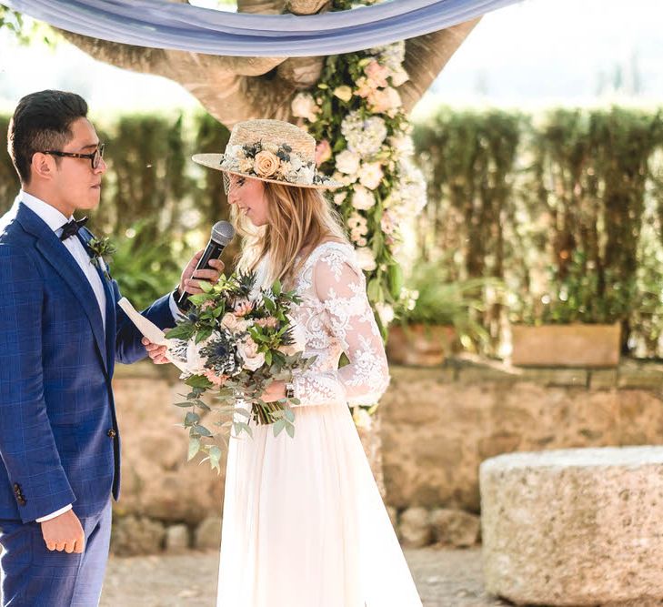 Bride In Straw Hat With Leanne Marshall Wedding Dress Destination Wedding In Mallorca With Images From F2 Studios And Film By Alberto &amp; Yago