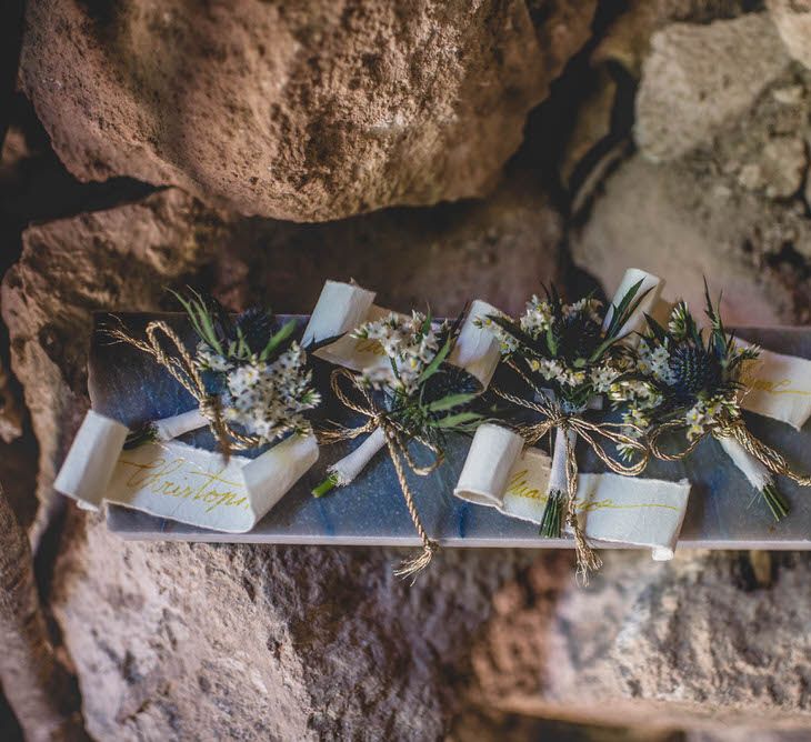 Rustic Buttonholes For Groom &amp; Groomsmen // Bride In Straw Hat With Leanne Marshall Wedding Dress Destination Wedding In Mallorca With Images From F2 Studios And Film By Alberto &amp; Yago