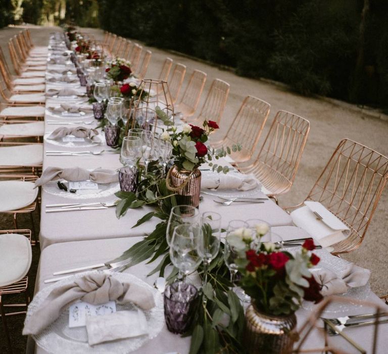 Long Tablescape with Greenery Table Runner and  Mercury Glass Vase Floral Centrepieces