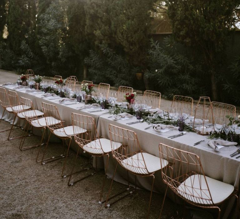 Copper Wire Chairs on Long Wedding Breakfast Table