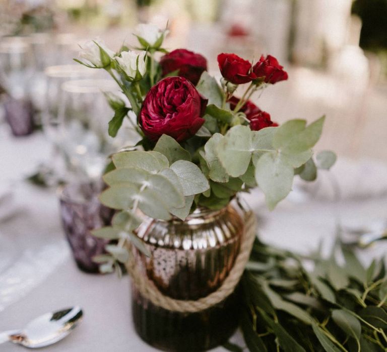 Eucalyptus and Red Rose Flowers in Mercury Glass Vase