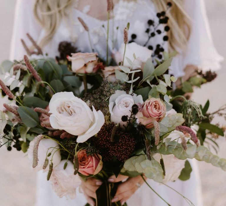 Burgundy, Pink and White Rose Bridal Bouquet with Foliage and Ribbons