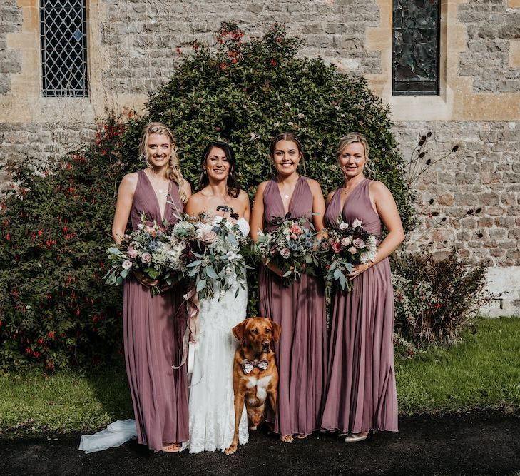 Bridal party portrait with bridesmaids in dusky pink ASOS dresses