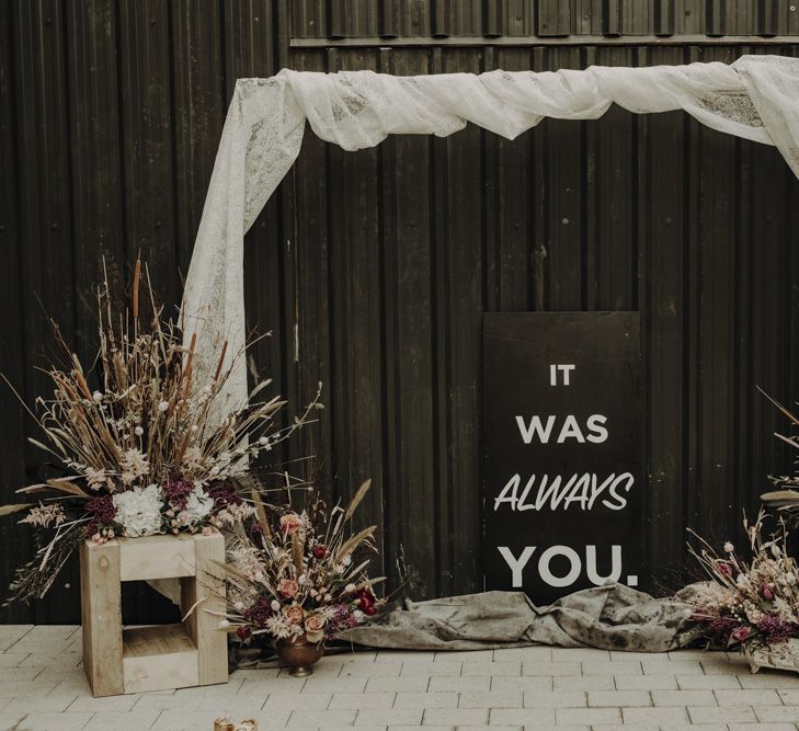 Ceremony Altar Decor with Drapes, Contemporary Wedding Sign and Dried Flower Arrangements