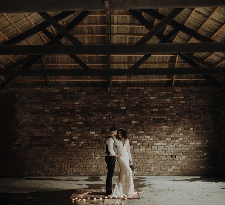 Boho Bride and Groom Standing in The Engine Works Glasgow Wedding Venue