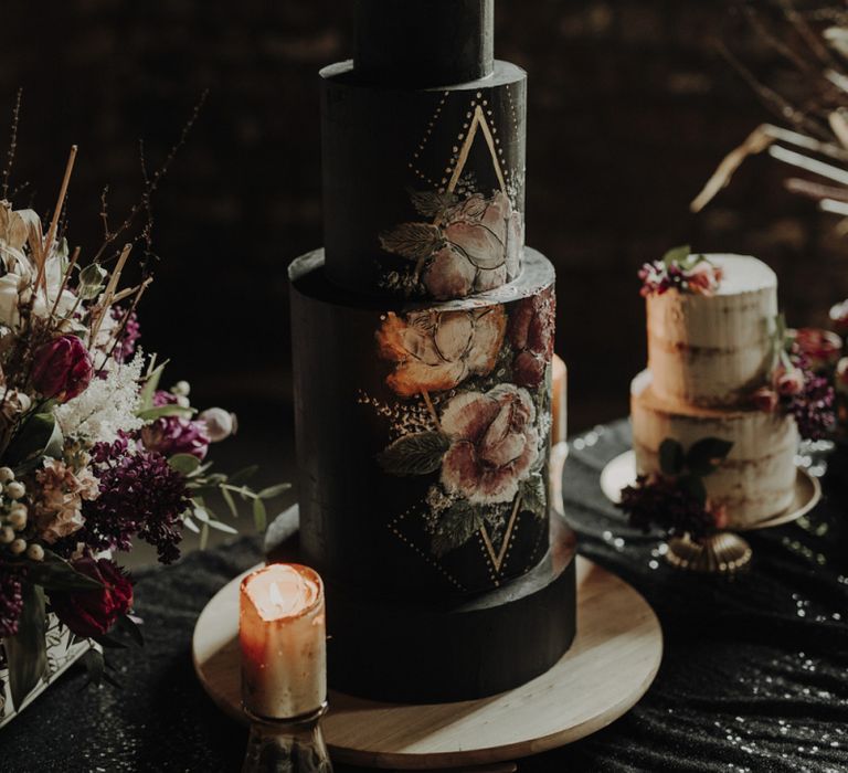 Tall Black Wedding Cake with Floral Motif by Polka Dot Cakes