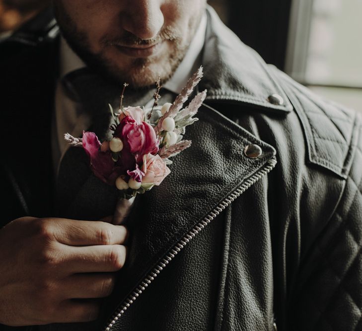 Purple Tulip and Dried Flower Grooms Buttonhole