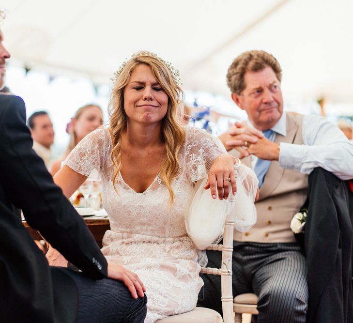 Groom in Essense of Australia Wedding Dress Grimmacing During Wedding Speeches