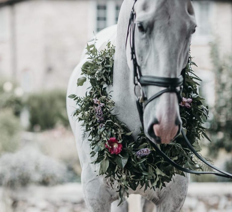 The brides pet horse with flower collar