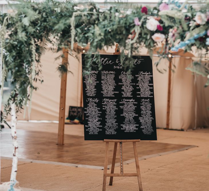 Chalkboard table plan at PapaKata Sperry tent reception and church wedding