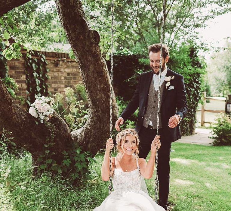 Bride with Tulle Skirt Dress and Groom Portrait on Swing