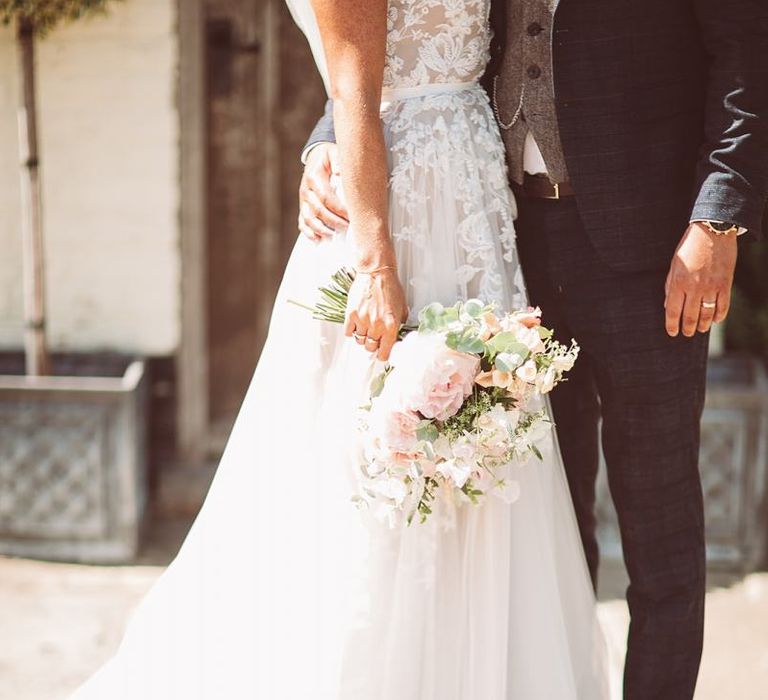 Lace Bride Dress with Tulle Skirt and Blush Bouquet