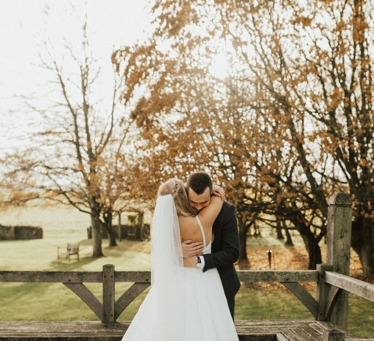 Bride and groom first look at Cripps Barn