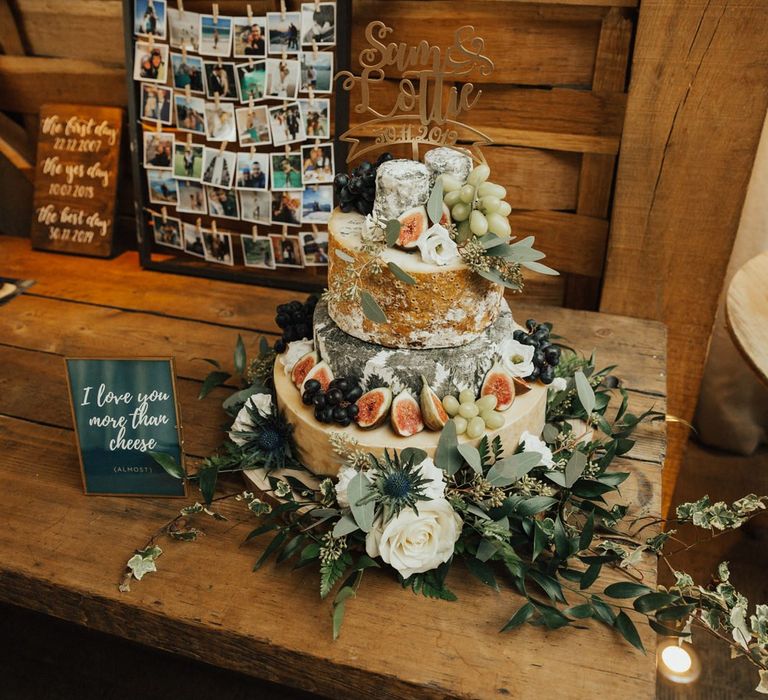 Cheese tower wedding cake at November wedding