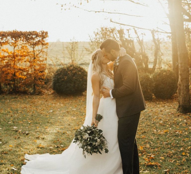 Dappled light wedding portrait at November wedding