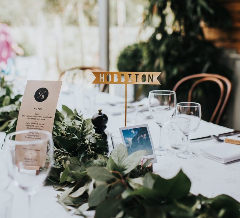 Foliage table runner and personalised wedding table names