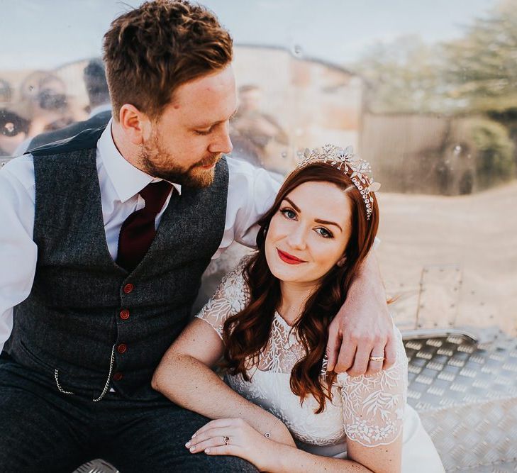 Bride wears bridal crown for boho festival wedding