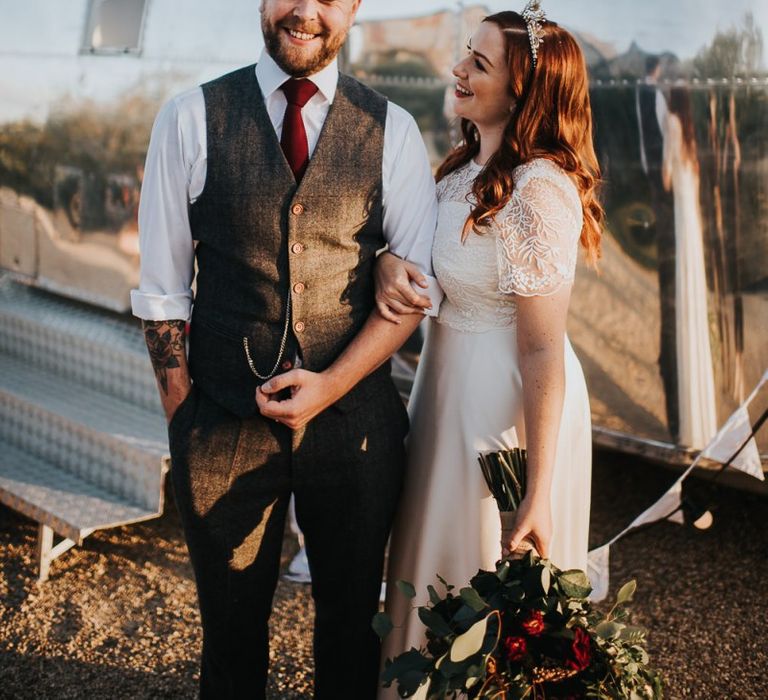 Bride in boho E&amp;W Couture bridal two-piece