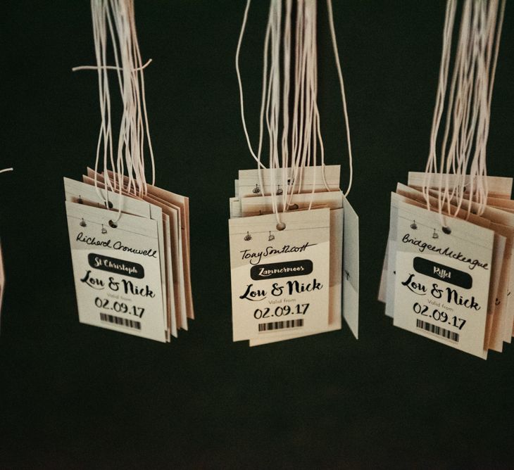 Ski Pass Style Wedding Stationery // Boho Pub Wedding At The Crooked Billet Stoke Row With Bride &amp; Bridesmaids In Flower Crowns And Vintage Fire Truck With Images From Ed Godden Photography