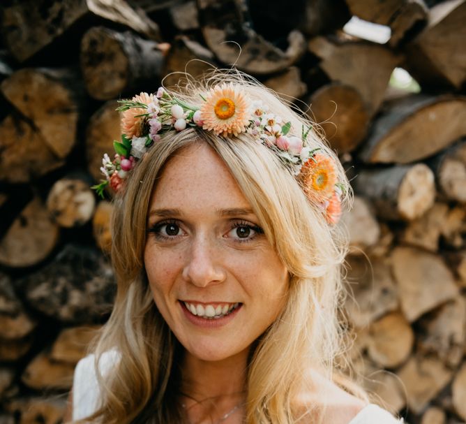 Bride In Flower Crown // Boho Pub Wedding At The Crooked Billet Stoke Row With Bride &amp; Bridesmaids In Flower Crowns And Vintage Fire Truck With Images From Ed Godden Photography