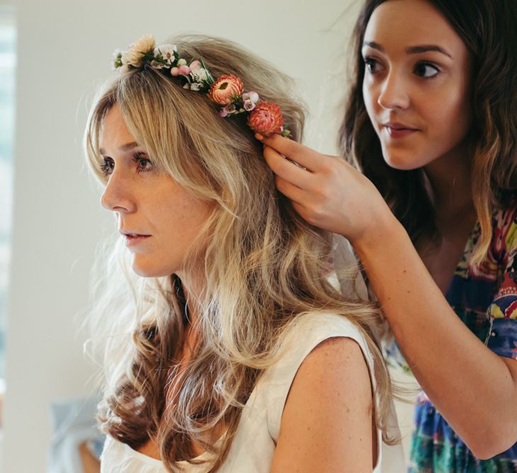 Bride In Flower Crown // Boho Pub Wedding At The Crooked Billet Stoke Row With Bride &amp; Bridesmaids In Flower Crowns And Vintage Fire Truck With Images From Ed Godden Photography