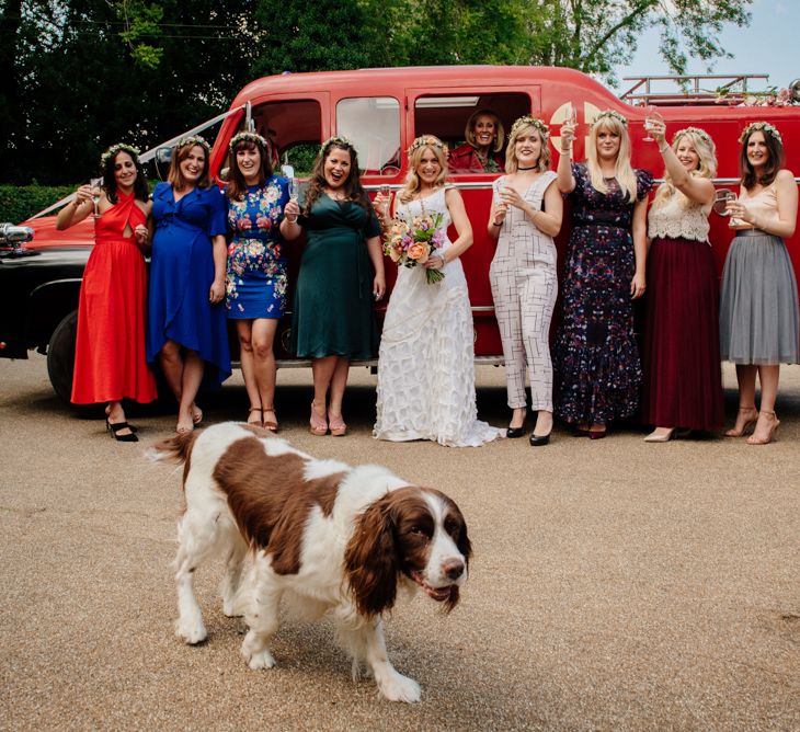 Vintage Fire Truck Wedding Transport // Boho Pub Wedding At The Crooked Billet Stoke Row With Bride &amp; Bridesmaids In Flower Crowns And Vintage Fire Truck With Images From Ed Godden Photography