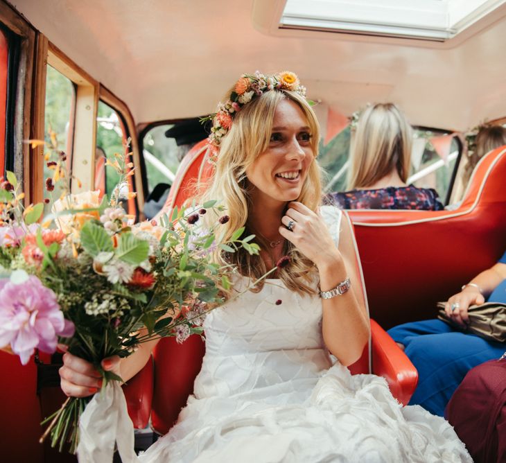 Vintage Fire Truck Wedding Transport // Boho Pub Wedding At The Crooked Billet Stoke Row With Bride &amp; Bridesmaids In Flower Crowns And Vintage Fire Truck With Images From Ed Godden Photography