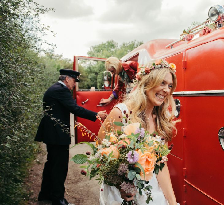 Vintage Fire Truck Wedding Transport // Boho Pub Wedding At The Crooked Billet Stoke Row With Bride &amp; Bridesmaids In Flower Crowns And Vintage Fire Truck With Images From Ed Godden Photography