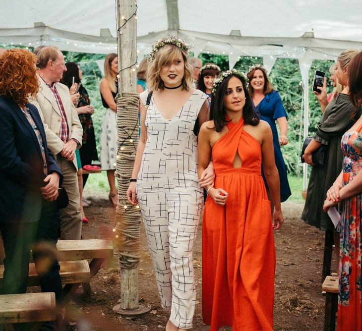 Wedding Ceremony In Marquee // Boho Pub Wedding At The Crooked Billet Stoke Row With Bride &amp; Bridesmaids In Flower Crowns And Vintage Fire Truck With Images From Ed Godden Photography