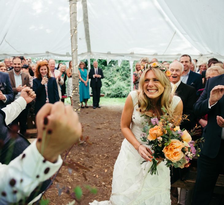 Wedding Ceremony In Marquee // Boho Pub Wedding At The Crooked Billet Stoke Row With Bride &amp; Bridesmaids In Flower Crowns And Vintage Fire Truck With Images From Ed Godden Photography