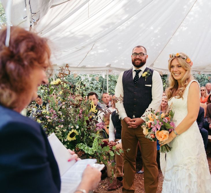 Wedding Ceremony In Marquee // Boho Pub Wedding At The Crooked Billet Stoke Row With Bride &amp; Bridesmaids In Flower Crowns And Vintage Fire Truck With Images From Ed Godden Photography