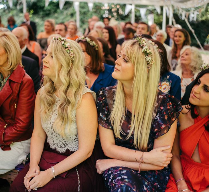 Bridesmaids In Flower Crowns // Boho Pub Wedding At The Crooked Billet Stoke Row With Bride &amp; Bridesmaids In Flower Crowns And Vintage Fire Truck With Images From Ed Godden Photography