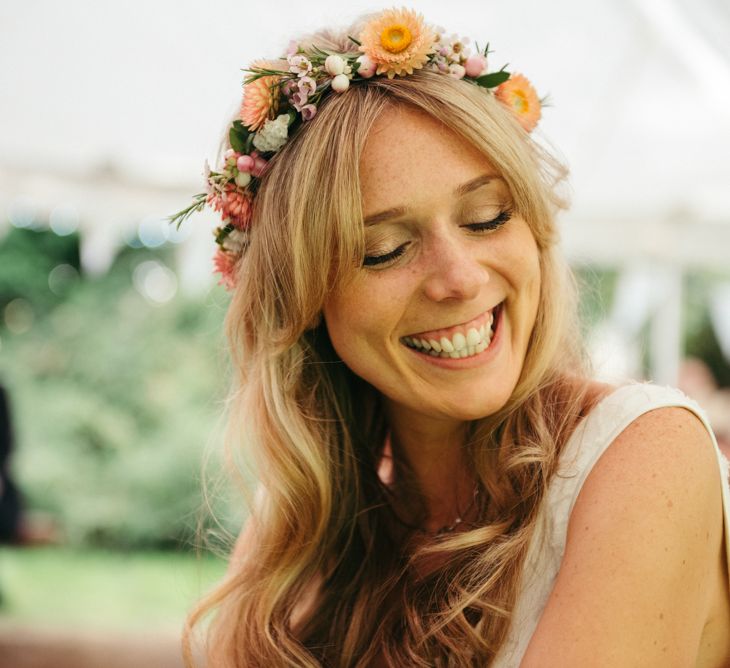 Bride In Flower Crown // Boho Pub Wedding At The Crooked Billet Stoke Row With Bride &amp; Bridesmaids In Flower Crowns And Vintage Fire Truck With Images From Ed Godden Photography