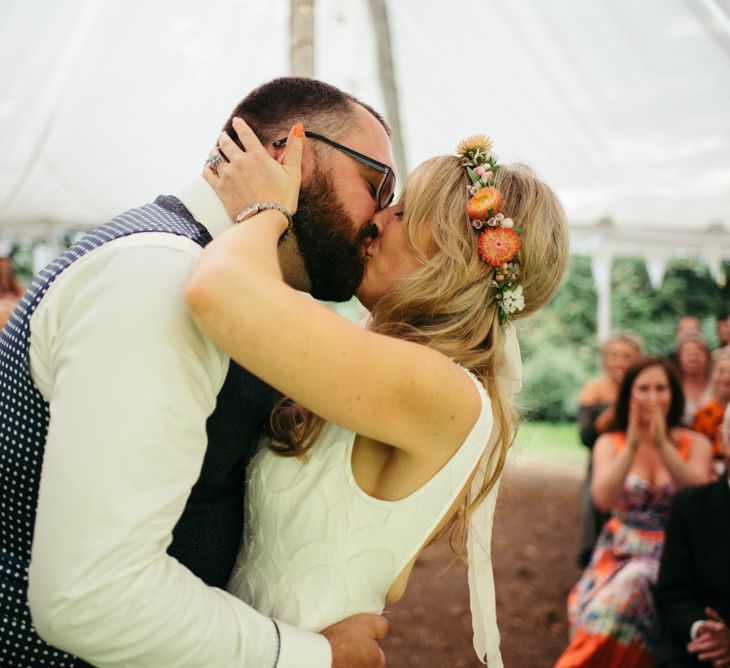 Bride In Flower Crown // Boho Pub Wedding At The Crooked Billet Stoke Row With Bride &amp; Bridesmaids In Flower Crowns And Vintage Fire Truck With Images From Ed Godden Photography