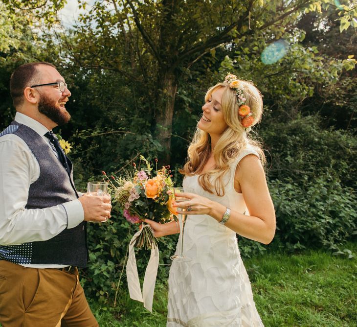 Bride In Flower Crown // Boho Pub Wedding At The Crooked Billet Stoke Row With Bride &amp; Bridesmaids In Flower Crowns And Vintage Fire Truck With Images From Ed Godden Photography