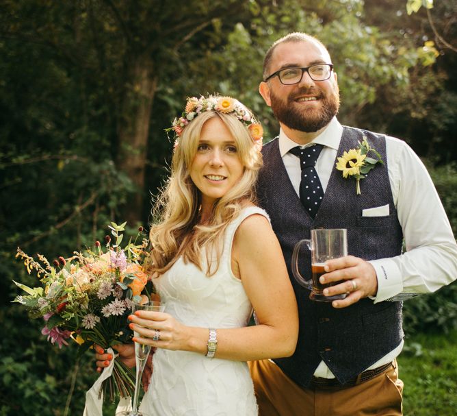 Bride In Flower Crown // Boho Pub Wedding At The Crooked Billet Stoke Row With Bride &amp; Bridesmaids In Flower Crowns And Vintage Fire Truck With Images From Ed Godden Photography