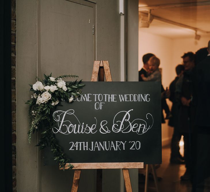 Blackboard welcome sign for Pump House Gallery wedding ceremony