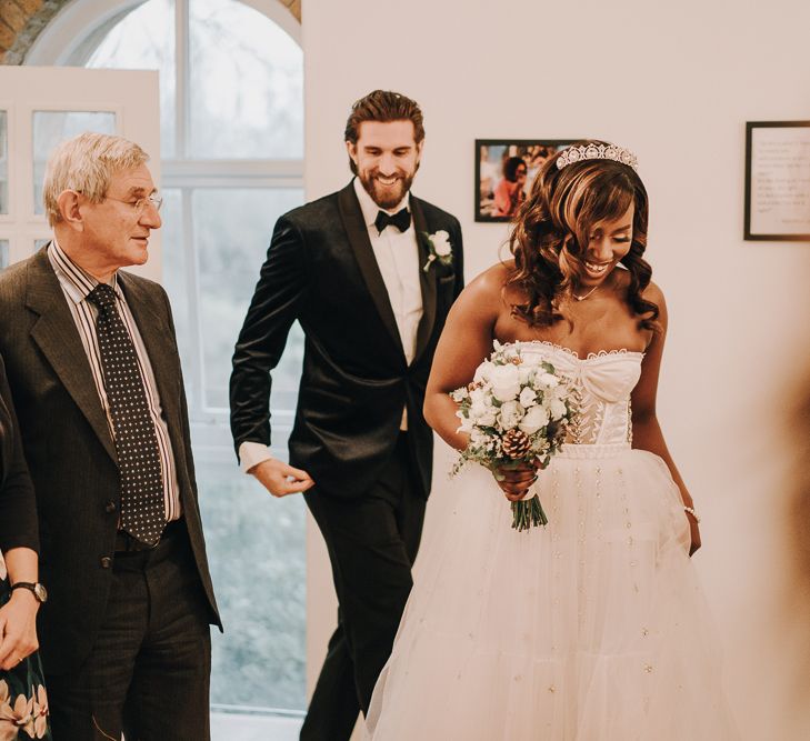 Beautiful bride in Temperley Bridal wedding dress entering Pump House Gallery wedding ceremony