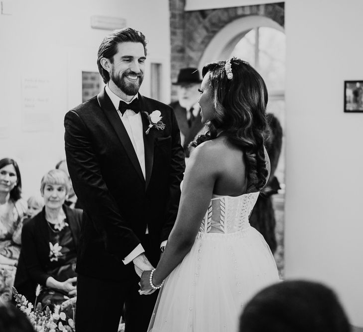 Black and white portrait of bride and groom at Pump House Gallery wedding ceremony