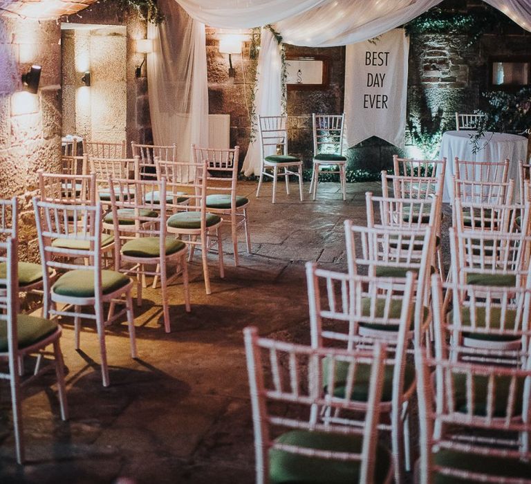 Cave Wedding Ceremony with Drapes, Fairy Lights and Best Day Ever Sign