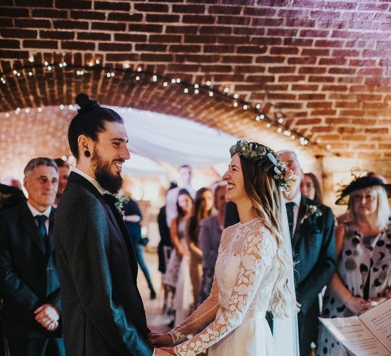 Wedding Ceremony with Bride in Catherine Deane Jessica Bodysuit and Anika Skirt Separates  and Groom in Tuxedo