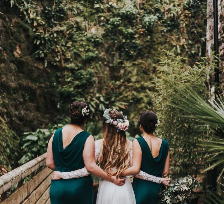 Bridesmaids in Forest Green Dresses