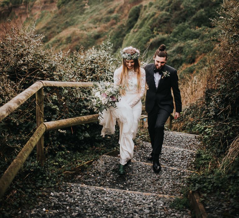 Bride in Catherine Deane Jessica Bodysuit and Anika Skirt Separates and Groom in Tuxedo &amp; Bow Tie