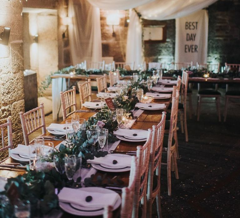 Cave Wedding Reception with Fairy Lights, Drapes and Greenery Decor