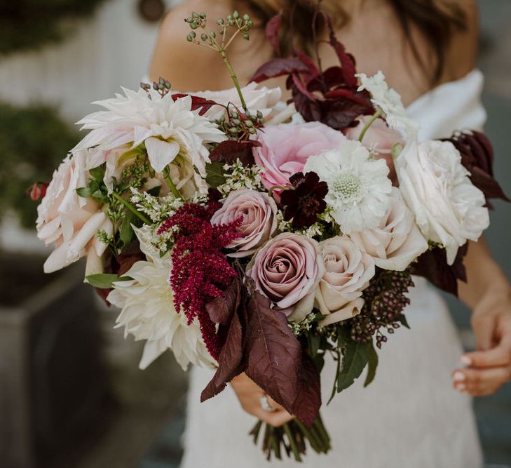 Late Summer Wedding Bouquet With Cafe Au Lait Dahlia And Roses // Boconnoc Cornwall Weekend Wedding With Bride In Halfpenny London &amp; Groom In Paul Smith With Images From The Curries